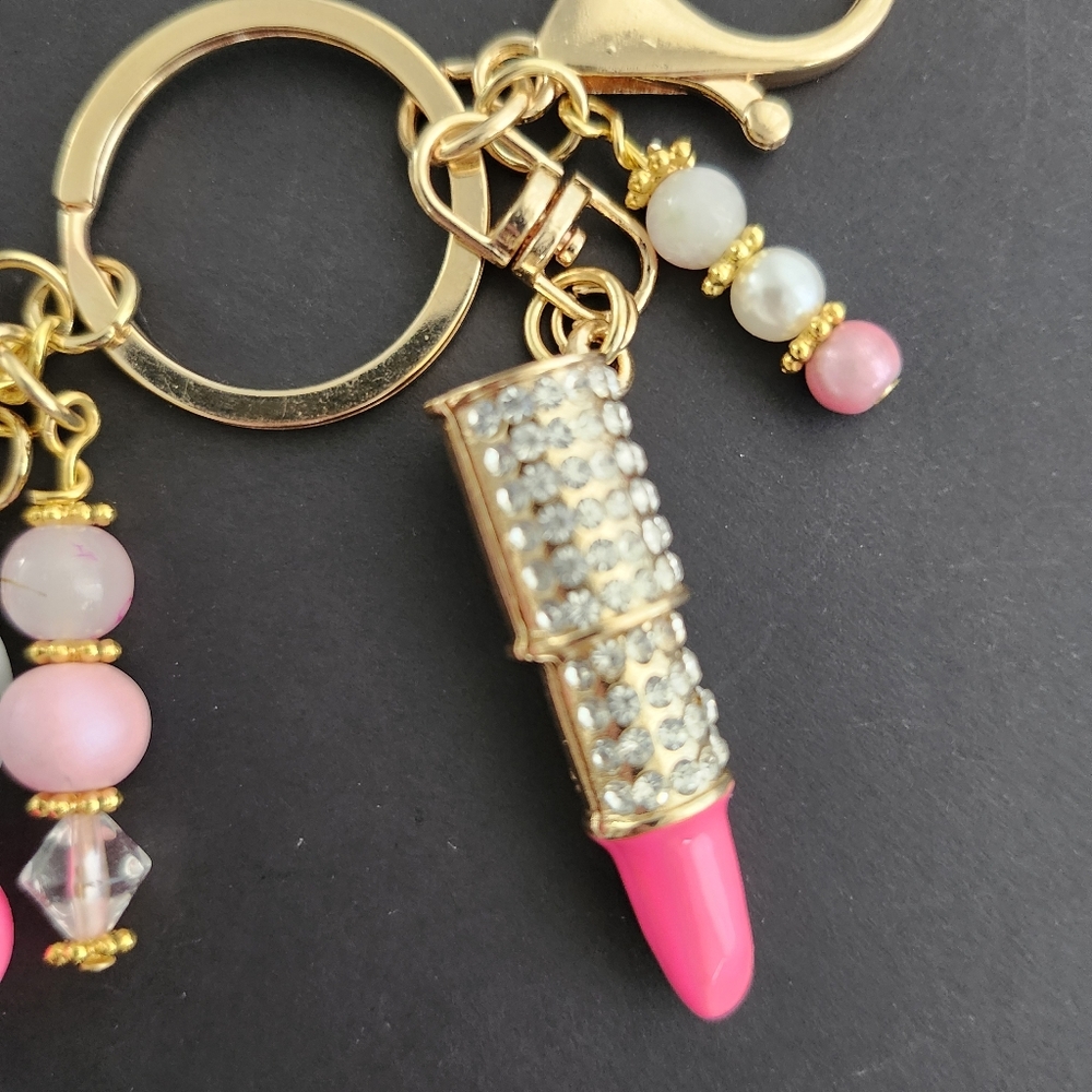 Pink Rhinestone Lipstick Purse Charm or Keychain Stone Glass Handcrafted - Picture 2 of 4